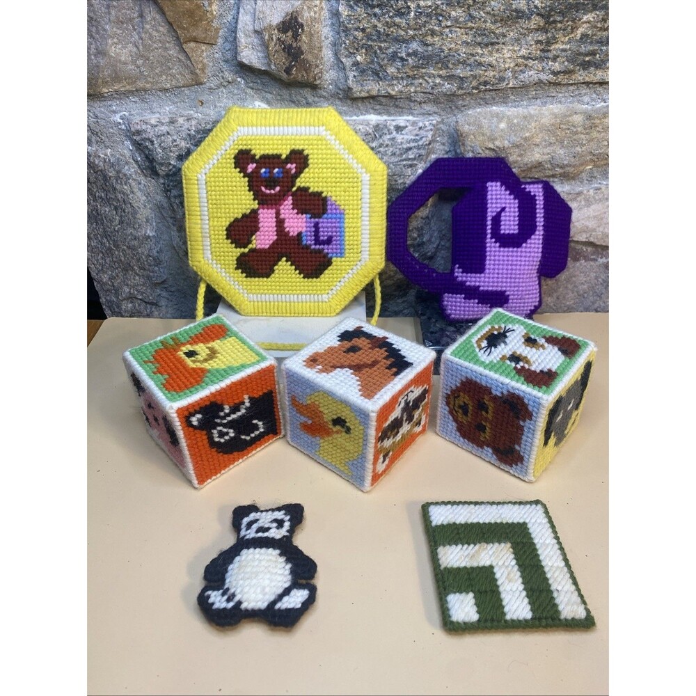 VTG Plastic Canvas Needlepoint Toy Lot Baby Block Teddy Bear Panda Hand Stitched